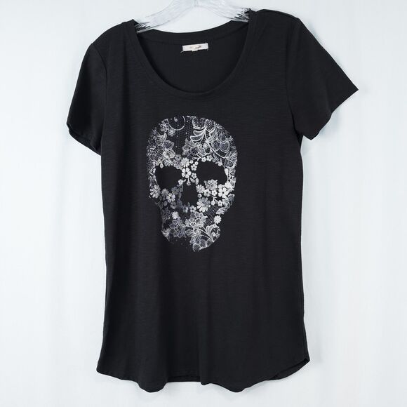 Maurices Floral Skull Graphic Tee Womens Small Black White Whimsigoth Grunge - Picture 1 of 14